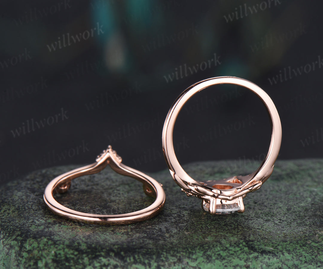 Pear IGI Lab grown diamond engagement ring set 14k 18k rose gold vintage leaf nature inspired bridal set women