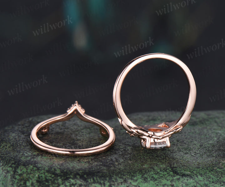 Pear IGI Lab grown diamond engagement ring set 14k 18k rose gold vintage leaf nature inspired bridal set women