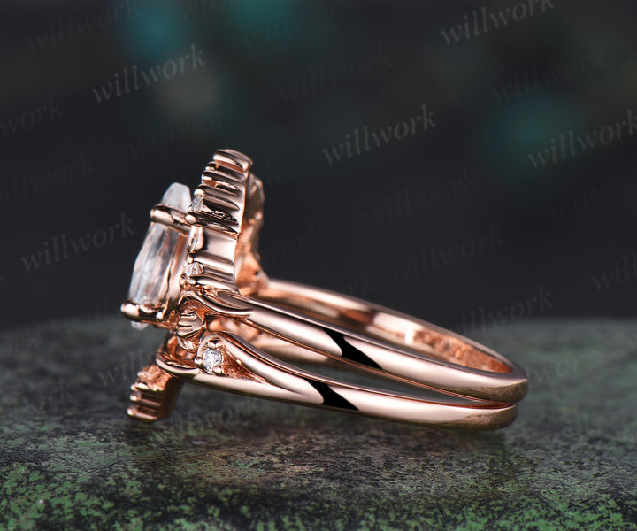 Pear IGI Lab grown diamond engagement ring set 14k 18k rose gold vintage leaf nature inspired bridal set women