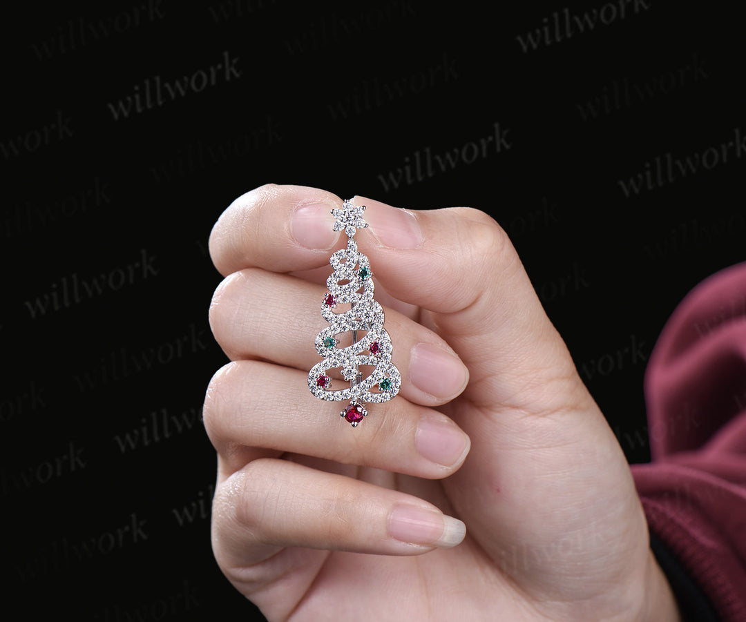Christmas Tree Brooch Round Ruby Emerald Lapel Pin Pave Moissanie Jewelry Xmas Gift for Women