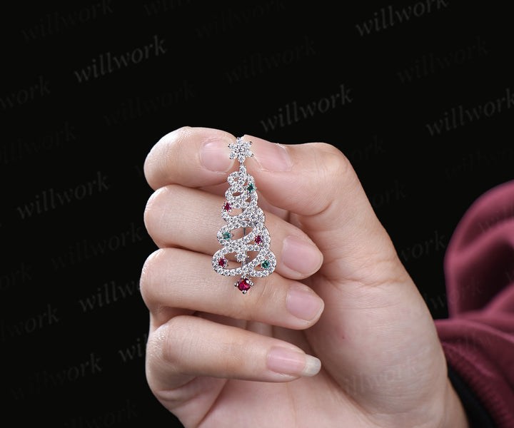 Christmas Tree Brooch Round Ruby Emerald Lapel Pin Pave Moissanie Jewelry Xmas Gift for Women