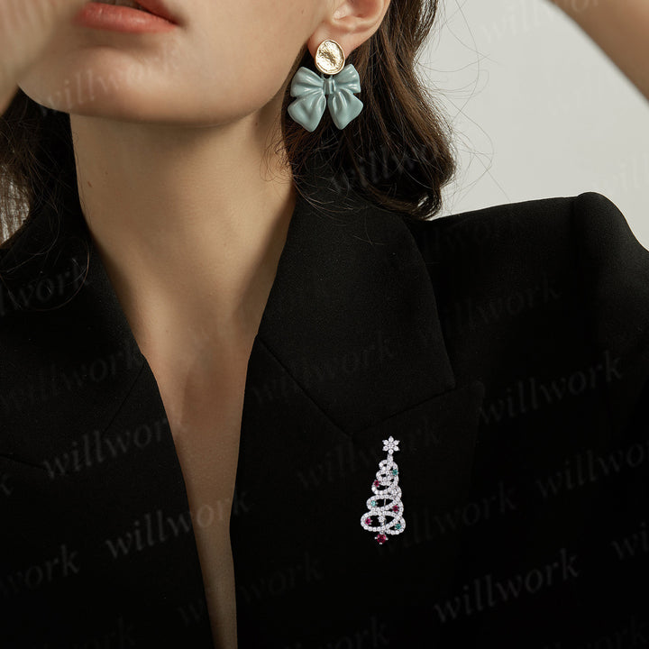 Christmas Tree Brooch Round Ruby Emerald Lapel Pin Pave Moissanie Jewelry Xmas Gift for Women