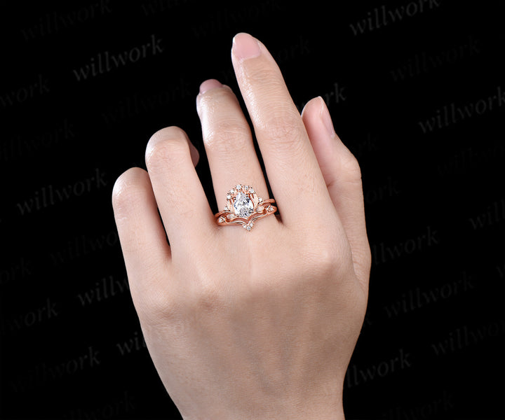 Pear IGI Lab grown diamond engagement ring set 14k 18k rose gold vintage leaf nature inspired bridal set women
