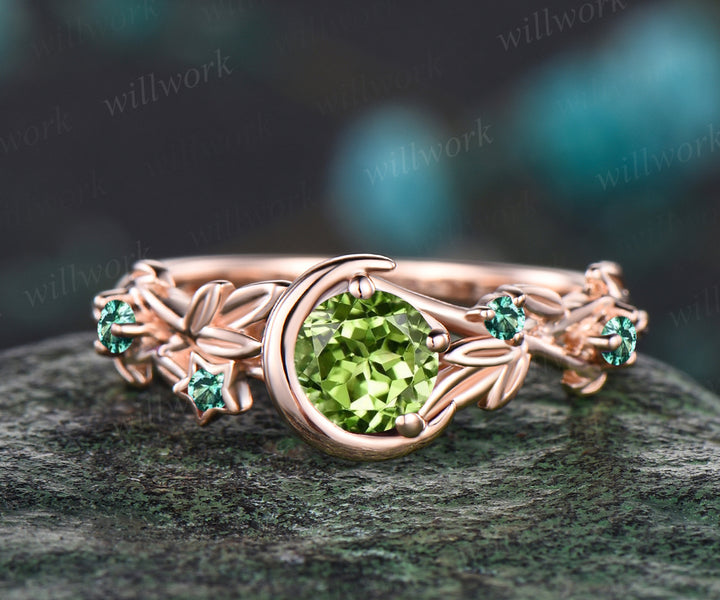 August Birthstone Round Cut Natural Peridot Engagement Ring Unique Emerald Floral Leaf Vine Twig Branch Nature Inspired Wedding Ring Moon Bridal Ring Star Jewelry