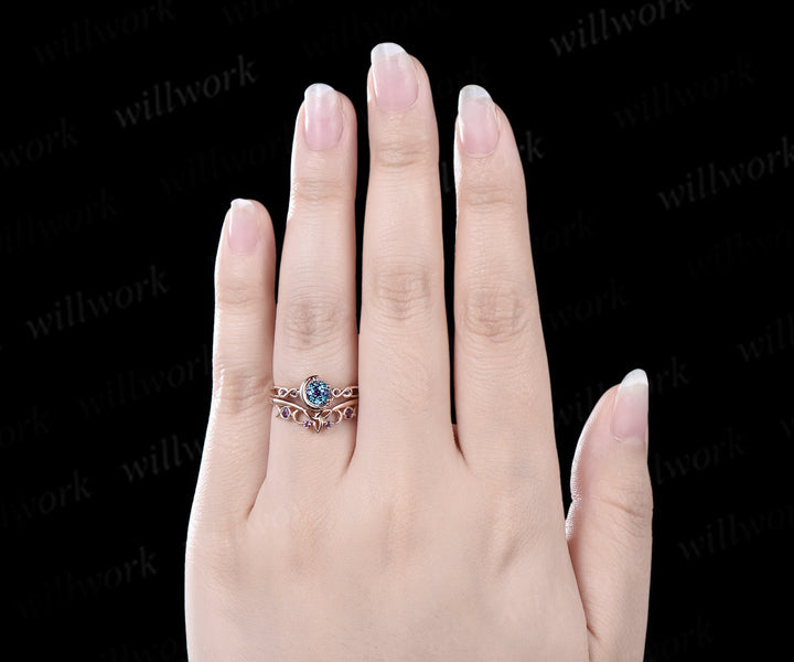 Round cut alexandrite engagement ring rose gold moon infinity five stone amethyst Celtic knot wedding ring set women