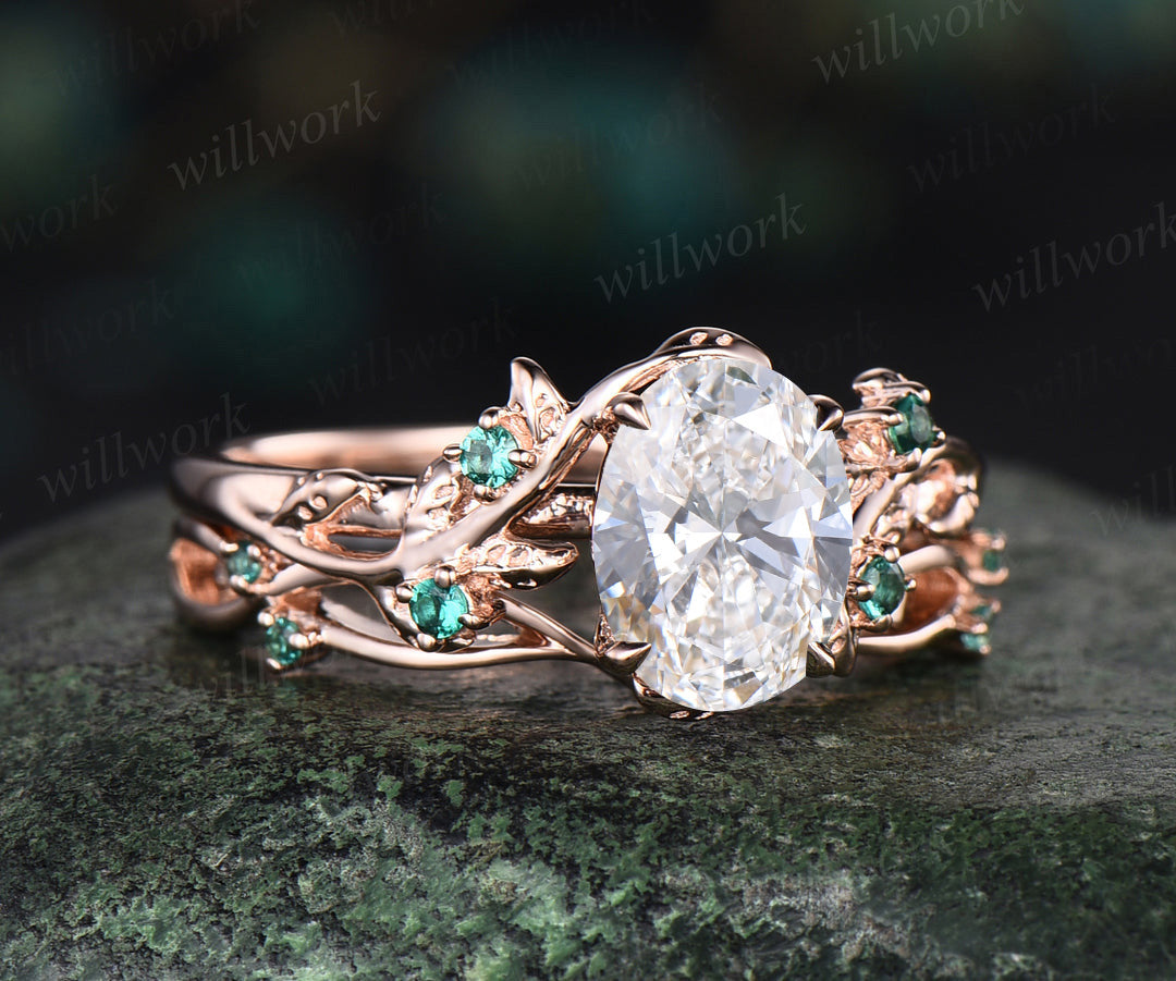 Oval Cut IGI Lab Grown Diamond Engagement Ring Set Twig Leaf Ring Art Deco Emerald Wedding Bridal Set