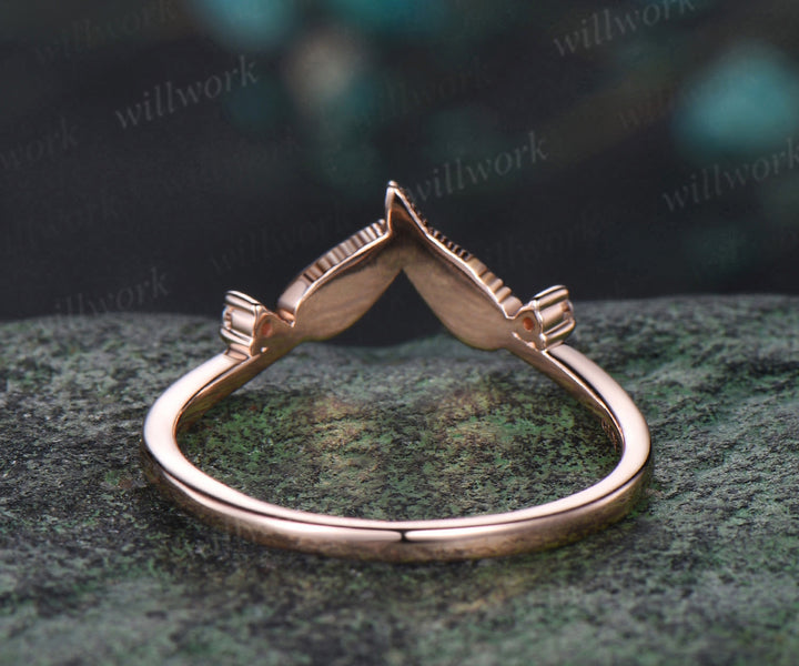 Curved leaf diamond wedding band solid 14k rose gold two stone nature inspired matching stacking bridal wedding ring women