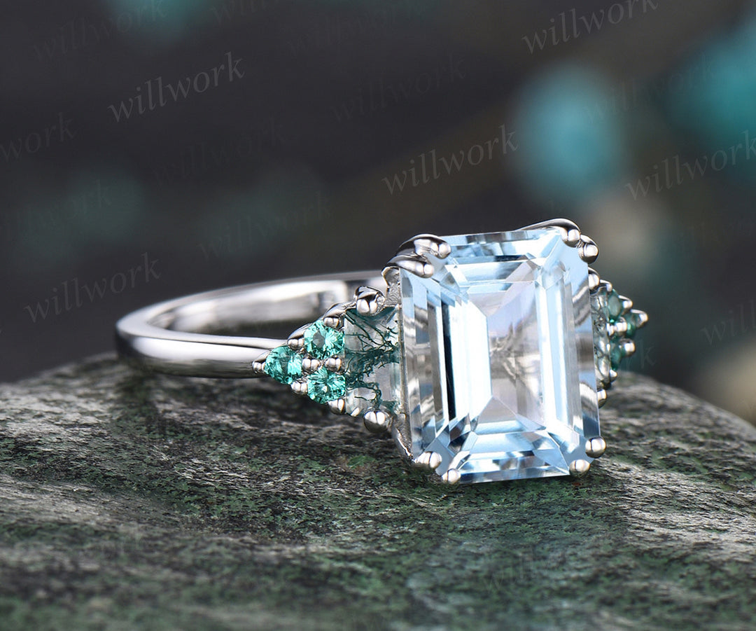 Emerald cut aquamarine engagement ring art deco emeralds ring twisted white gold promise wedding ring for women