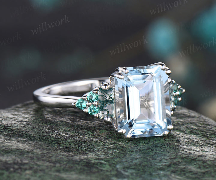 Emerald cut aquamarine engagement ring art deco emeralds ring twisted white gold promise wedding ring for women