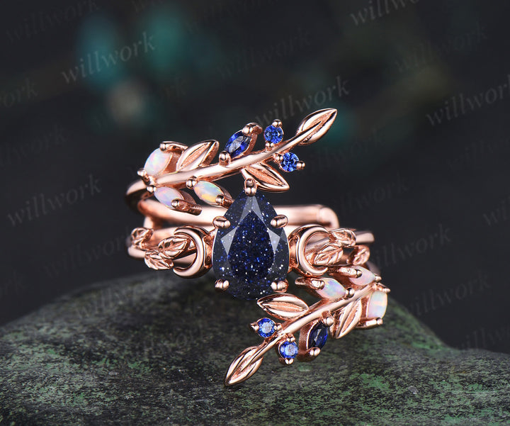 Nature Inspired Pear Galaxy Blue Sandstone Leaf Ring Set & Tungsten Galaxy Nebula Men Blue Sandstone Band Couple Ring Set