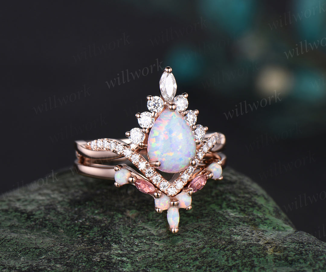 Pear shaped white opal engagement ring set halo moissanite Pink tourmaline infinity bridal set women