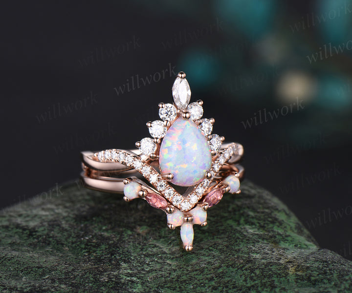 Pear shaped white opal engagement ring set halo moissanite Pink tourmaline infinity bridal set women