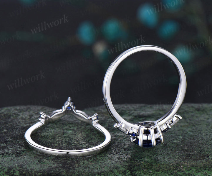 Oval cut blue sapphire engagement ring 6 prong white gold cluster snowdrift bridal anniversary ring set women jewelry