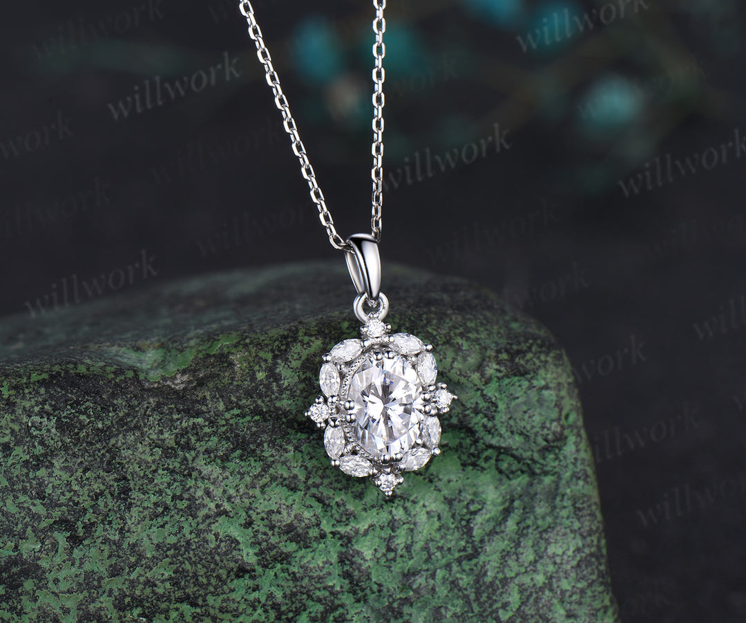 Oval cut moissanite necklace solid 14k white gold halo marquise diamond pendant women 8 prong anniversary gift