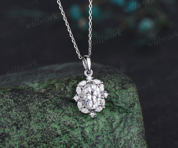 Oval cut moissanite necklace solid 14k white gold halo marquise diamond pendant women 8 prong anniversary gift