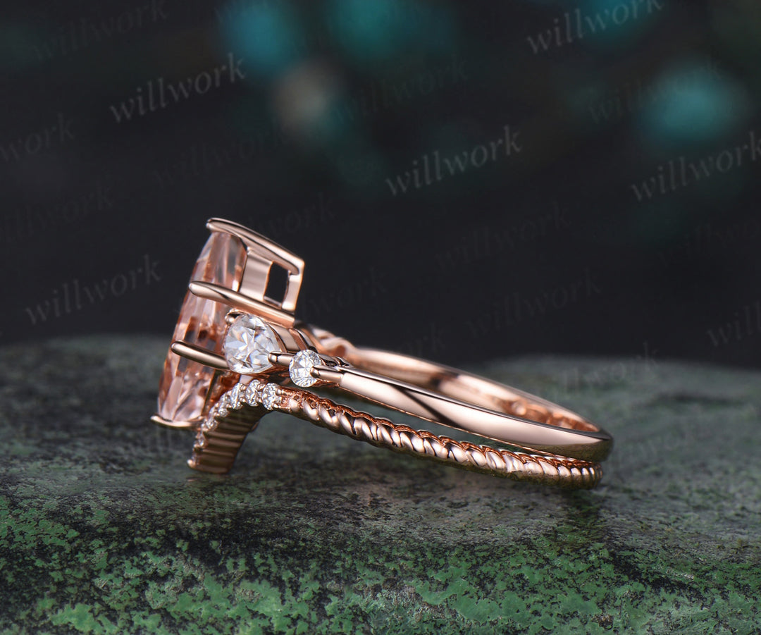 Kite cut morganite engagement ring rose gold 6 prong five stone pear diamond ring vintage promise bridal ring set women