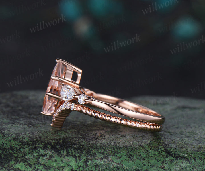 Kite cut morganite engagement ring rose gold 6 prong five stone pear diamond ring vintage promise bridal ring set women