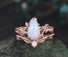 Vintage coffin white opal engagement ring rose gold leaf nature inspired amethyst ring women bridal anniversary ring set gift