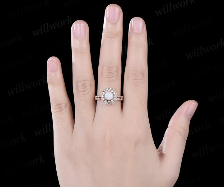 Round white opal engagement ring double halo moissanite solid 14k rose gold half eternity unique wedding bridal ring set