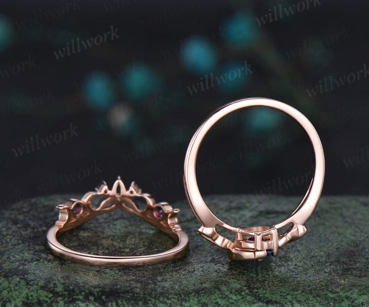 Round cut alexandrite engagement ring rose gold moon infinity five stone amethyst Celtic knot wedding ring set women