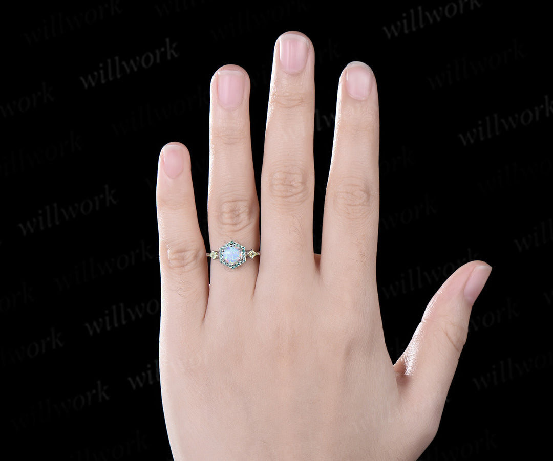 Hexagon Cut white opal Engagement Ring white gold halo emerald ring kite peridot anniversary wedding ring women gift For Her