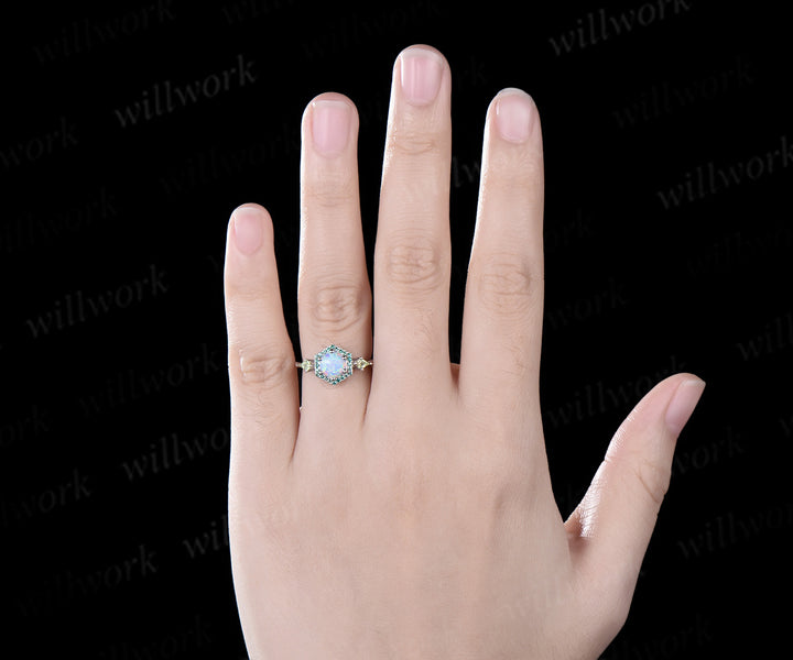 Hexagon Cut white opal Engagement Ring white gold halo emerald ring kite peridot anniversary wedding ring women gift For Her