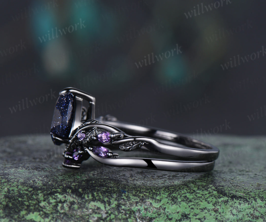 Nature inspired pear blue sandstone ring set 14k black gold unique twig vine teardrop galaxy gemstone ring amethyst band bridal set