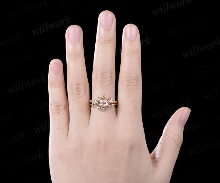 Pear shaped morganite Engagement Ring Solitaire leaf nature inspired solid 14k yellow gold wedding bridal ring set women jewelry
