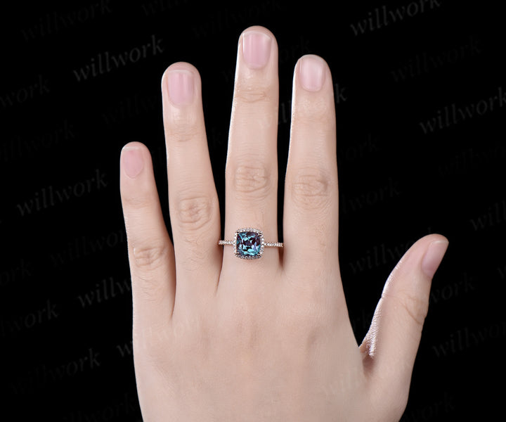 Cushion cut Alexandrite engagement ring solid 14k rose gold half eternity halo diamond wedding promise ring women jewelry