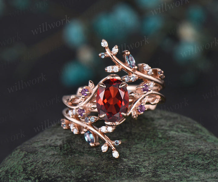 Vintage oval garnet engagement ring nature inspired leaf amethyst ring wedding band enhancer twisted bridal ring set women