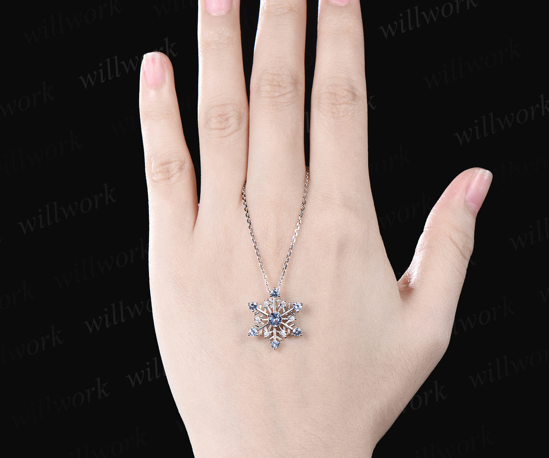 Christmas Snowflake Necklace Earrings Set Christmas Atmosphere Jewelry with a snow blue topaz Christmas Eve Jewelry Gifts for her