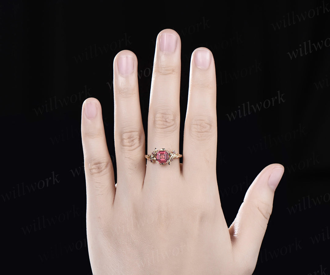 Vintage Asscher Cut Pink Tourmaline Engagement Ring solid 14k yellow gold five stone leaf branch wedding ring women jewelry
