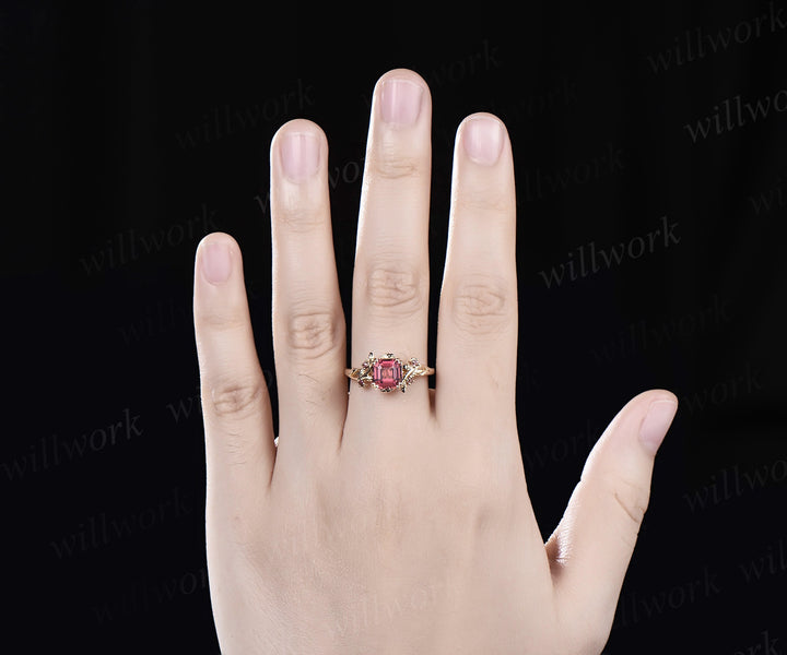 Vintage Asscher Cut Pink Tourmaline Engagement Ring solid 14k yellow gold five stone leaf branch wedding ring women jewelry