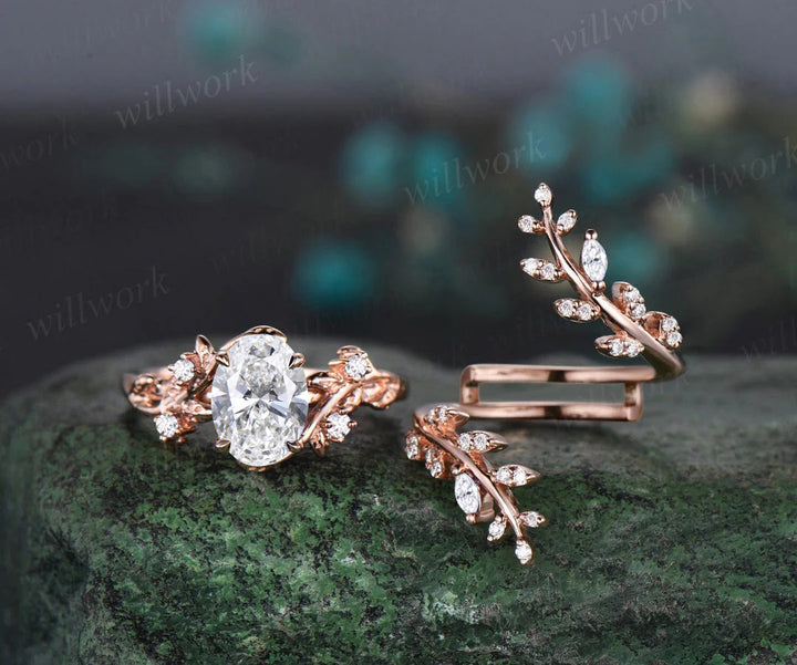 Vintage oval IGI lab grown diamond engagement ring nature inspired leaf branch ring wedding band enhancer twisted bridal ring set