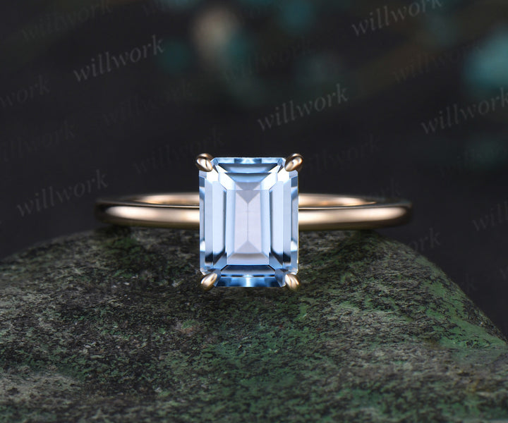 Emerald cut natural aquamarine engagement ring 14k yellow gold under halo diamond ring women wedding band