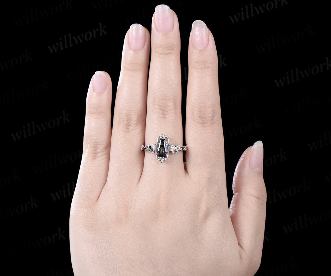 Coffin cut black rutilated quartz engagement ring white gold antique leaf twisted moon diamond wedding anniversary ring women gift