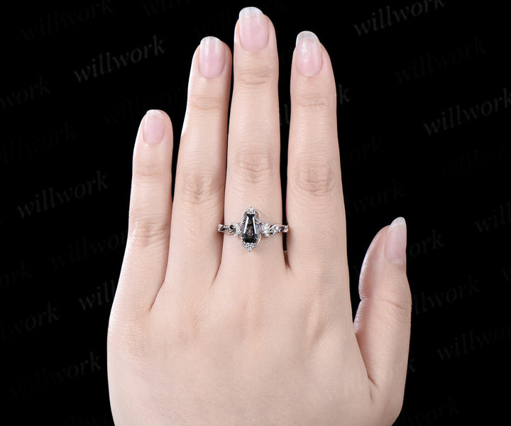 Coffin cut black rutilated quartz engagement ring white gold antique leaf twisted moon diamond wedding anniversary ring women gift