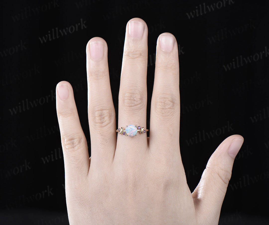 Round white opal engagement ring retro moon amethyst deco ring 14k yellow gold unique crescent promise ring October birthtone jewelry gifts