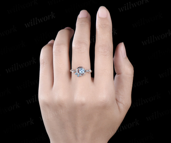 Round cut aquamarine engagement ring white gold moon vine twisted cluster diamond blue topaz wedding ring women