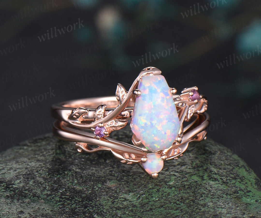 Vintage coffin white opal engagement ring rose gold leaf nature inspired amethyst ring women bridal anniversary ring set gift