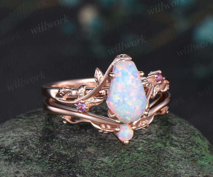 Vintage coffin white opal engagement ring rose gold leaf nature inspired amethyst ring women bridal anniversary ring set gift