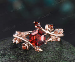 Hexagon cut red garnet engagement ring rose gold leaf moon diamond ring vintage twisted anniversary ring women gemstone