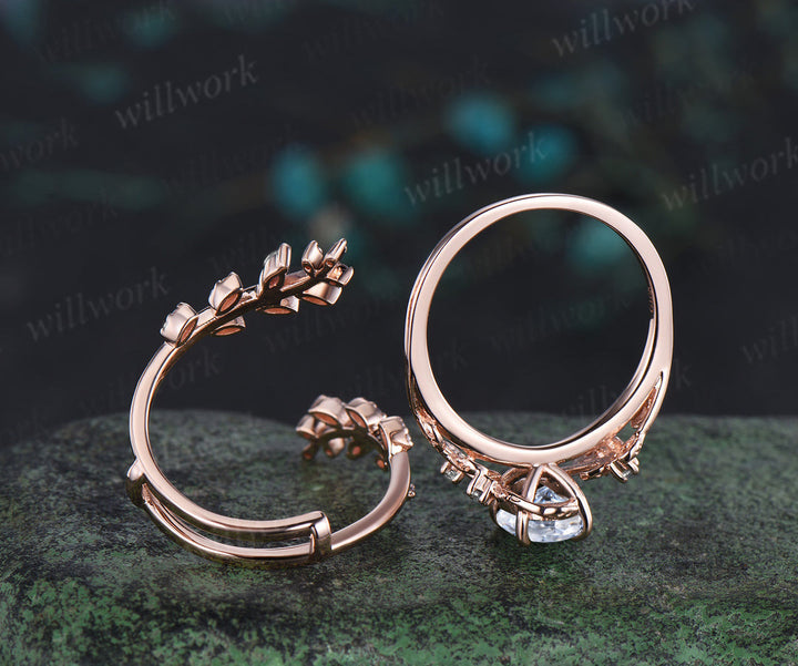 Vintage oval IGI lab grown diamond engagement ring nature inspired leaf branch ring wedding band enhancer twisted bridal ring set