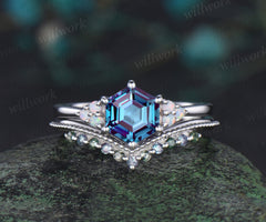 Hexagon cut alexandrite engagement ring set white gold opal moss agate stacking wedding bridal ring set women jewelry gemstone gift