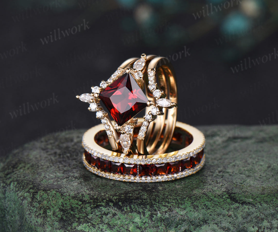 Princess cut garnet engagement ring set men garnet eternity band couple ring wedding set anniversary gifts