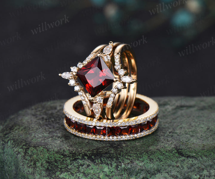 Princess cut garnet engagement ring set men garnet eternity band couple ring wedding set anniversary gifts