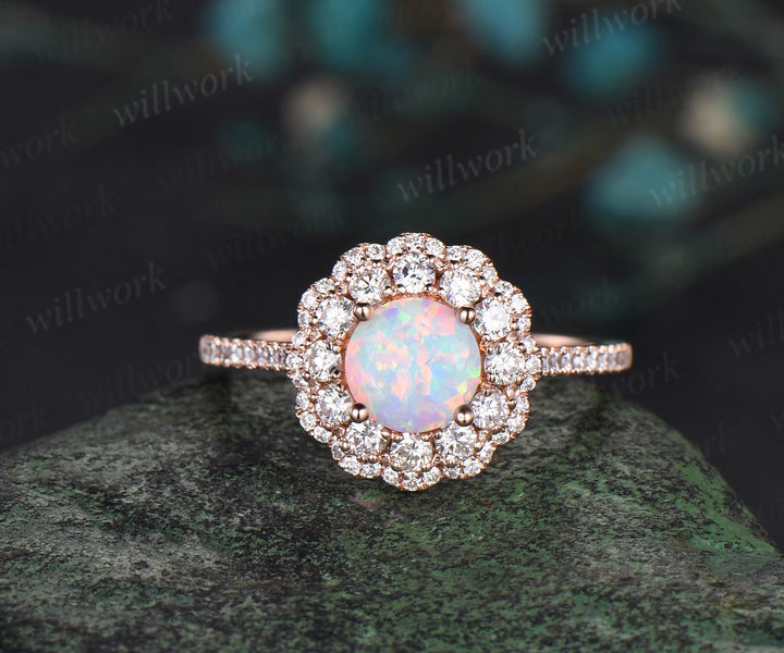 Round white opal engagement ring double halo moissanite solid 14k rose gold half eternity unique wedding bridal ring set
