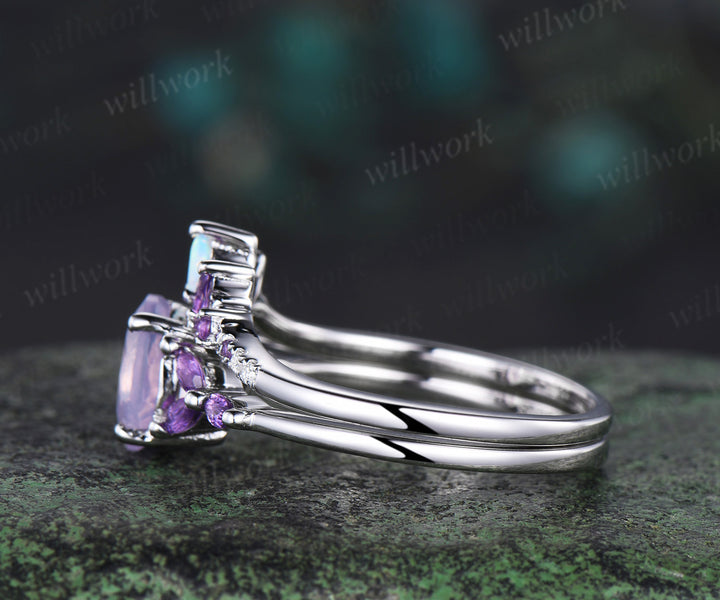 Vintage oval cut Lavender Amethyst engagement ring set white gold opal moissanite ring women stacking Crystal anniversary ring gift