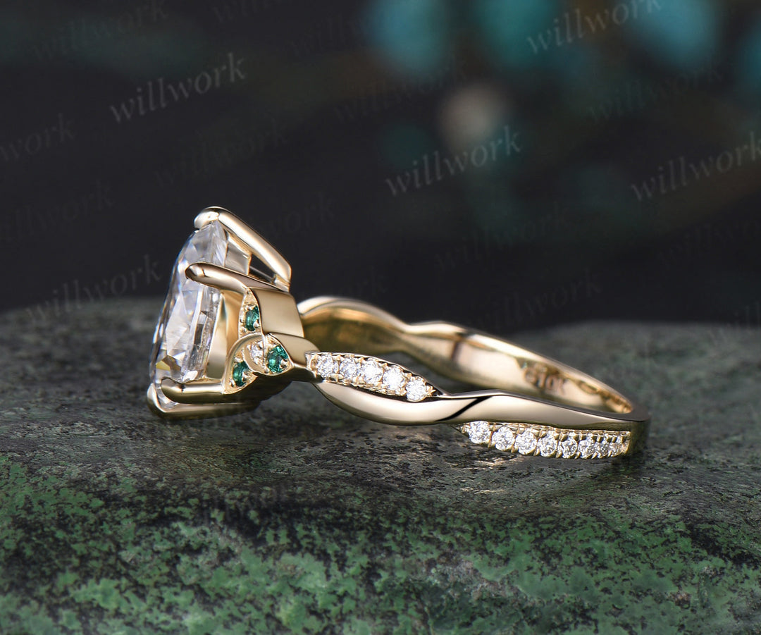 Vintage pear shape IGI lab-grown diamond engagement ring solid 14k yellow gold Celtic knot emerald diamond promise wedding ring women jewelry