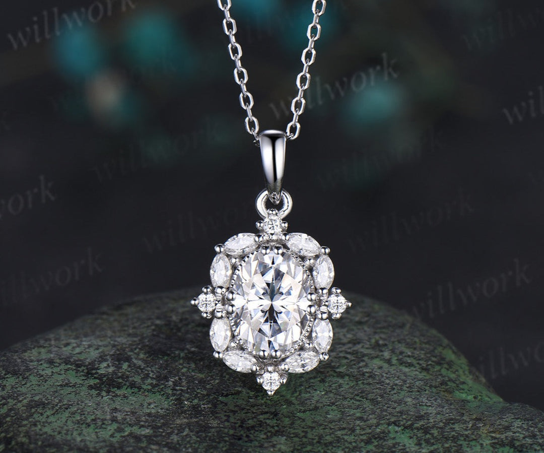 Oval cut moissanite necklace solid 14k white gold halo marquise diamond pendant women 8 prong anniversary gift